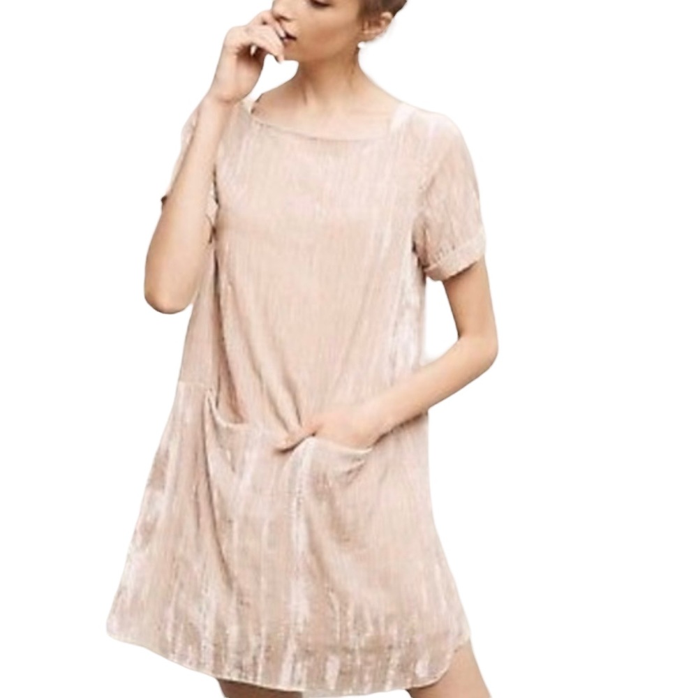 Floreat | Champagne Velvet Shift Dress Short Sleeve Front Pockets Size Small